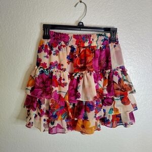 Misa Ruffle Mini Skirt Pink Cream Tiered Smocked Waist Floral Boho Sz Xs